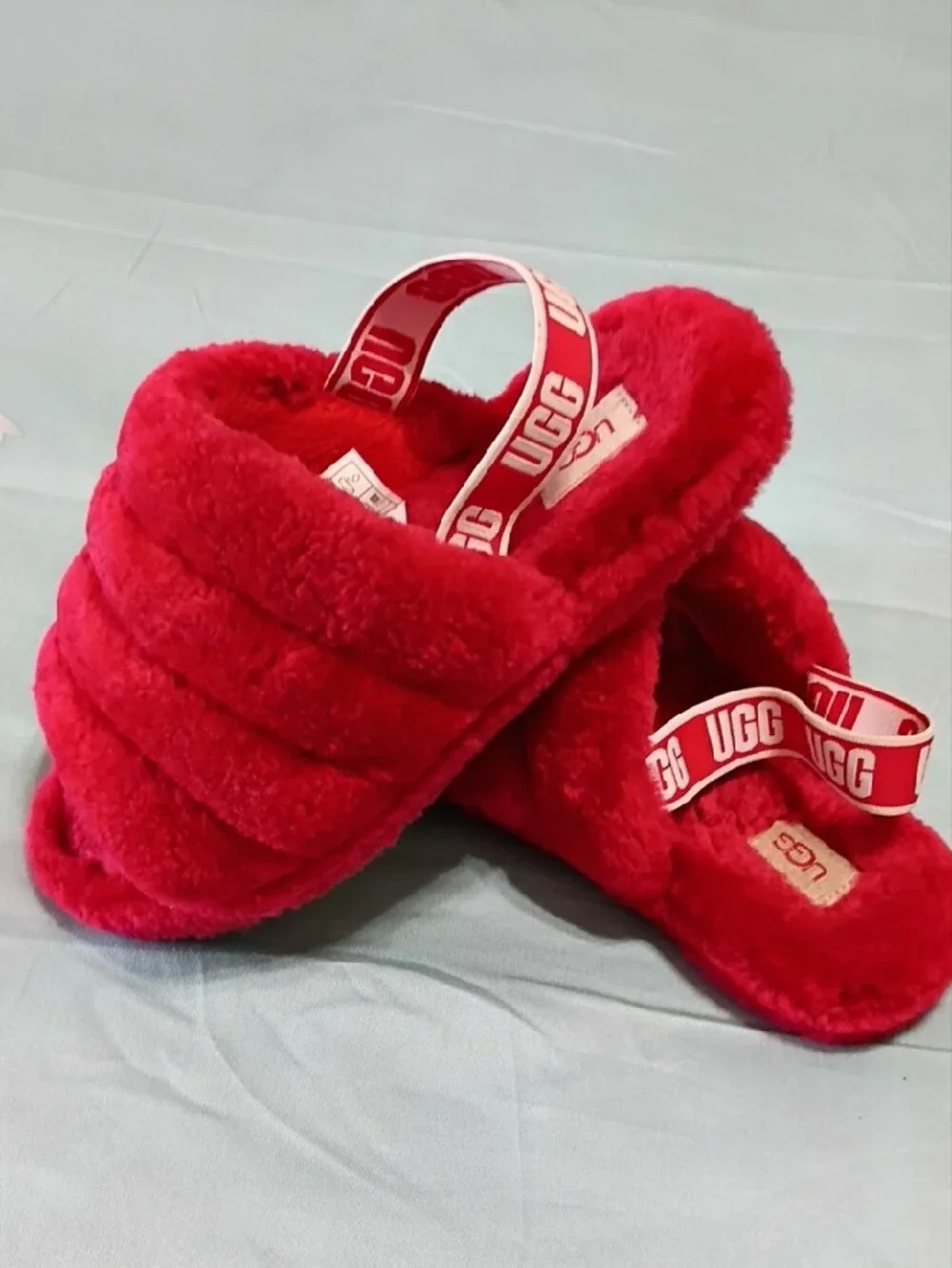 UGG Red Plush Slide Sandal with Branded Heel Strap